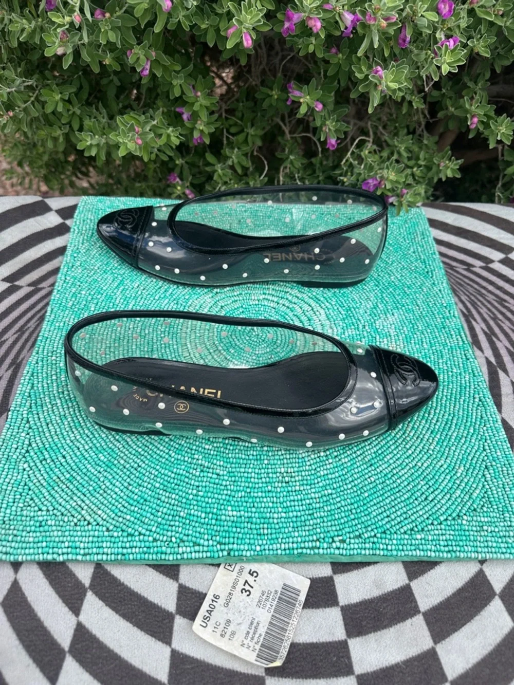 CHANEL PVC serial#GO2819 clear balerina flats 37 1/2 with Pearl Polka Studs-used